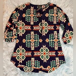 Boho Geometric Tunic Top Navy Southwestern Print Size M